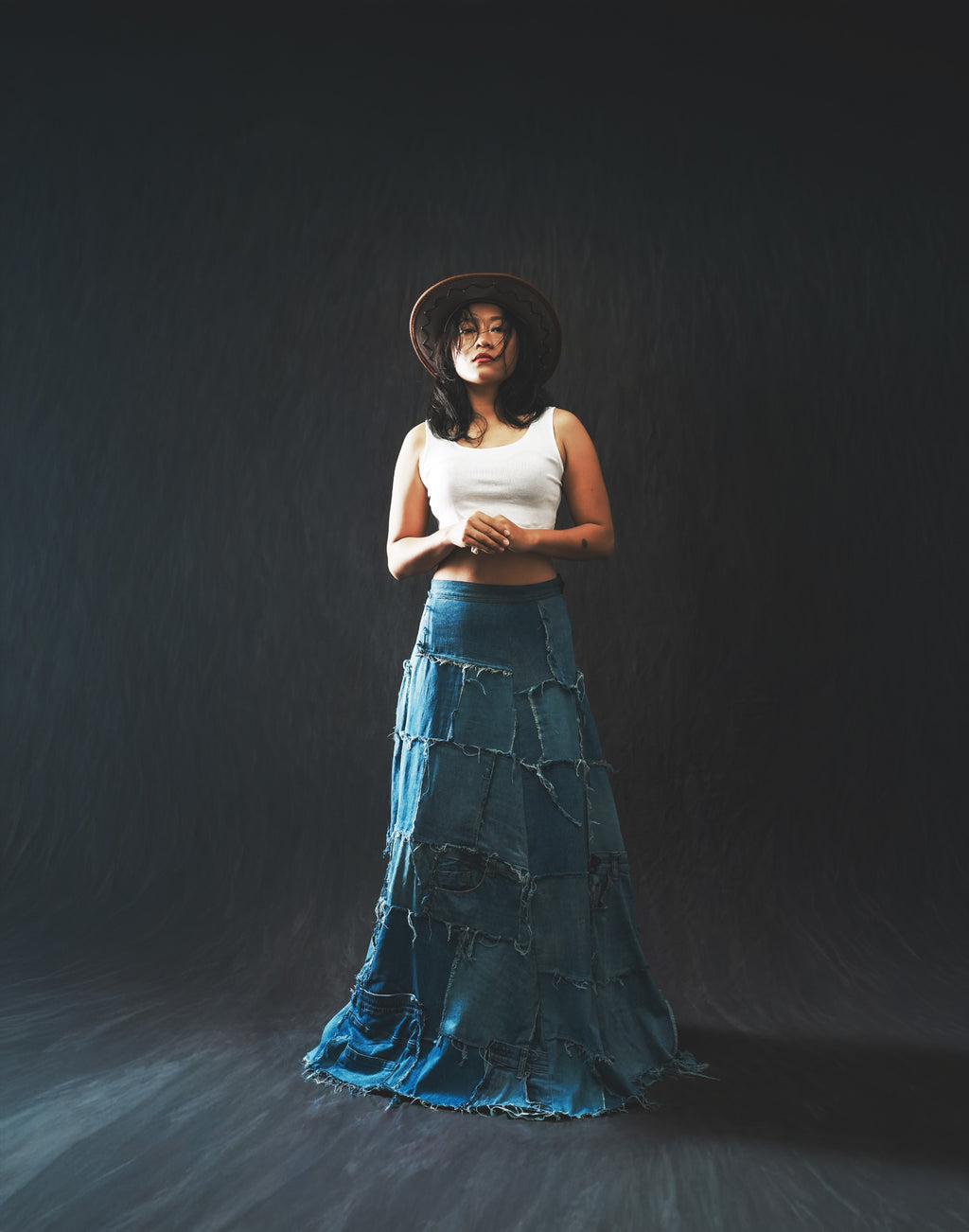 Reconstructed Denim Lehnga – Upcycled from Vintage Jeans 1/1