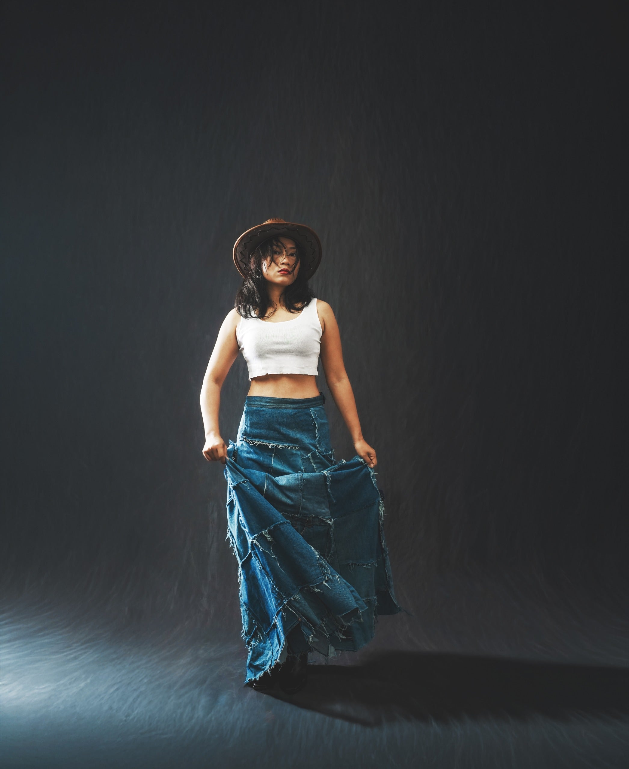 Reconstructed Denim Lehnga – Upcycled from Vintage Jeans 1/1