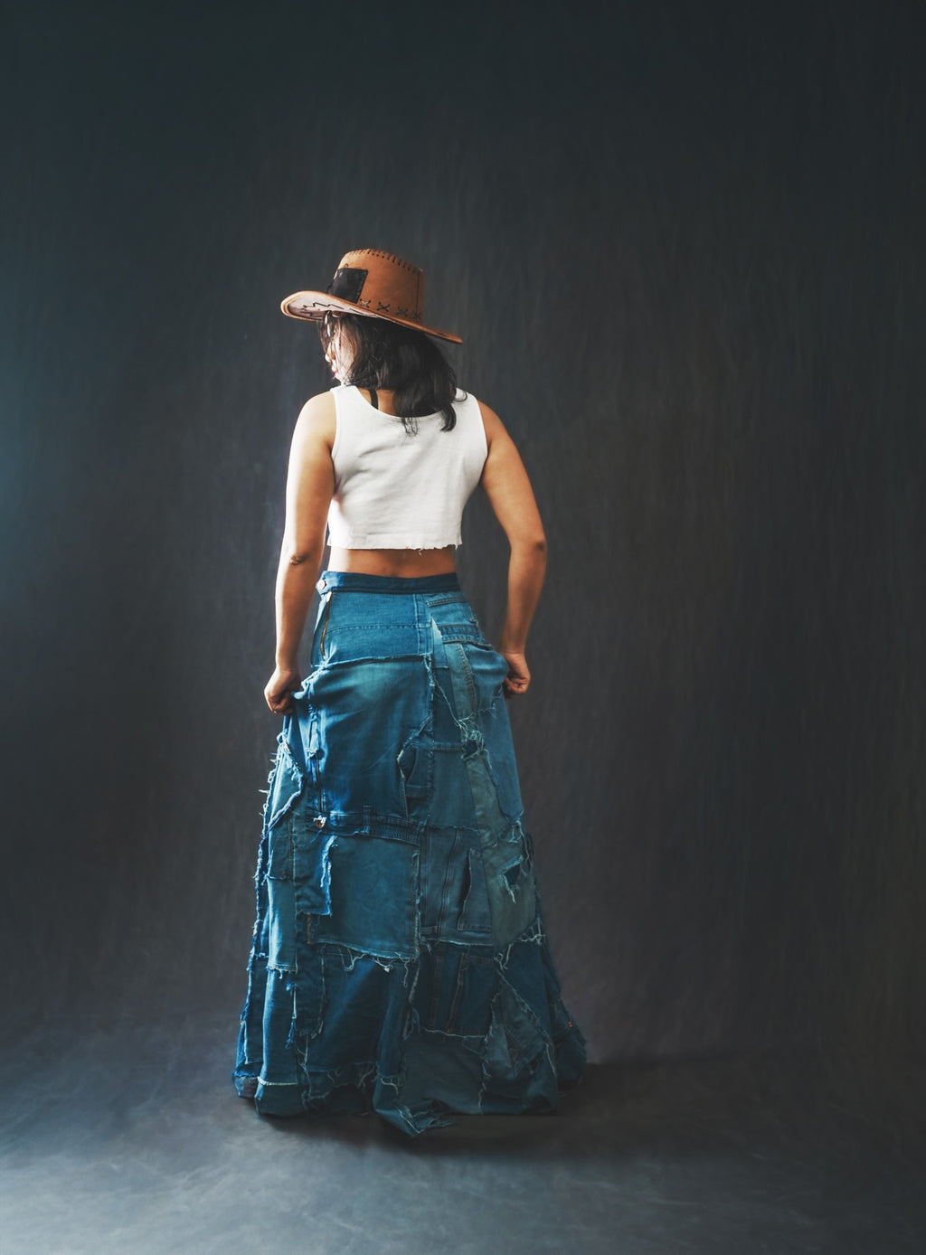 Reconstructed Denim Lehnga – Upcycled from Vintage Jeans 1/1