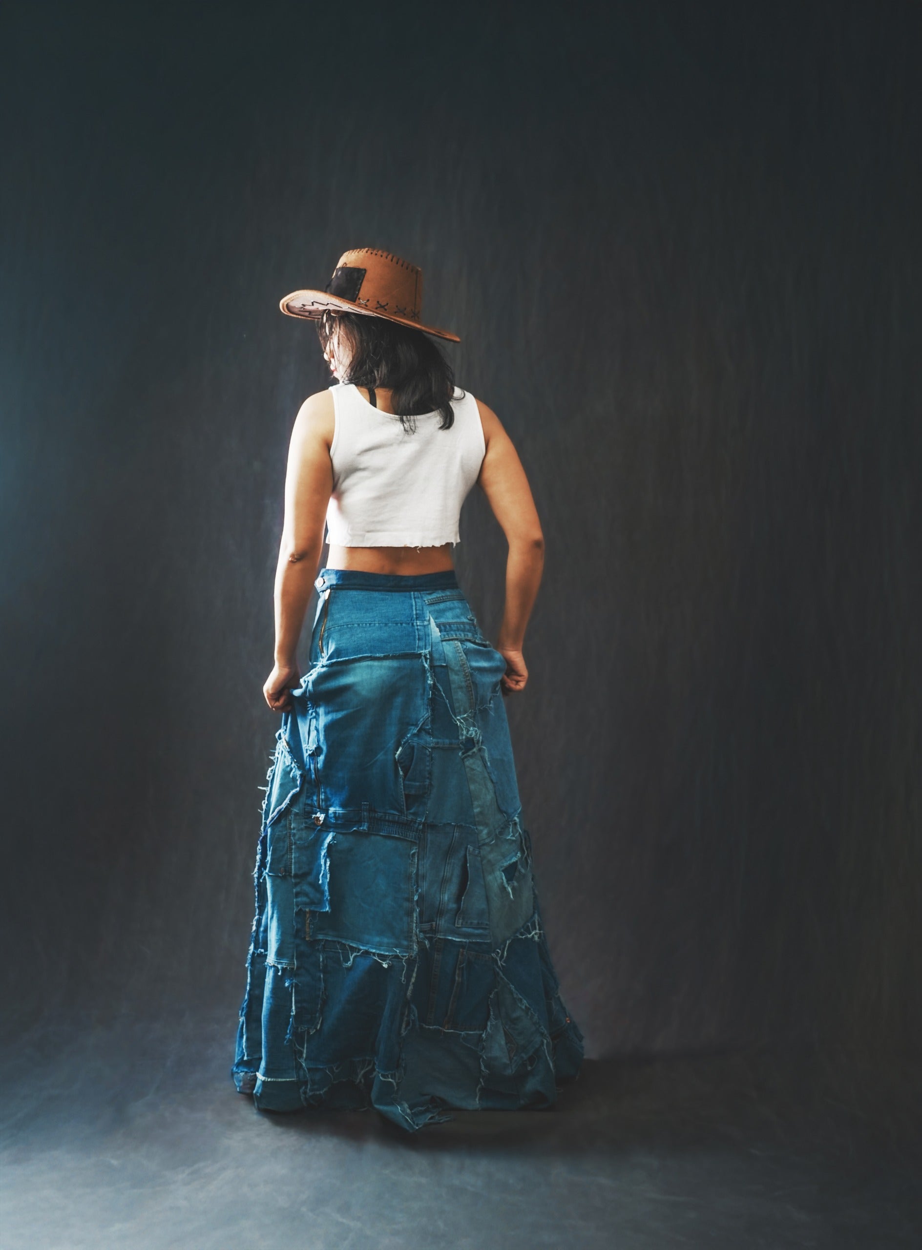 Reconstructed Denim Lehnga – Upcycled from Vintage Jeans 1/1