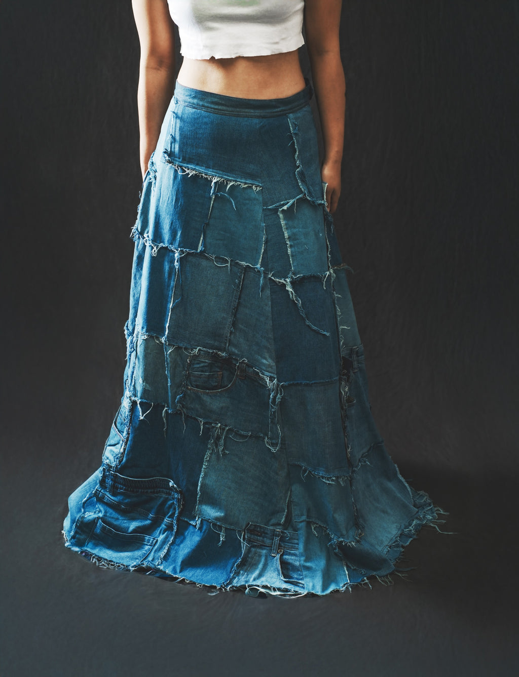 Reconstructed Denim Lehnga – Upcycled from Vintage Jeans 1/1