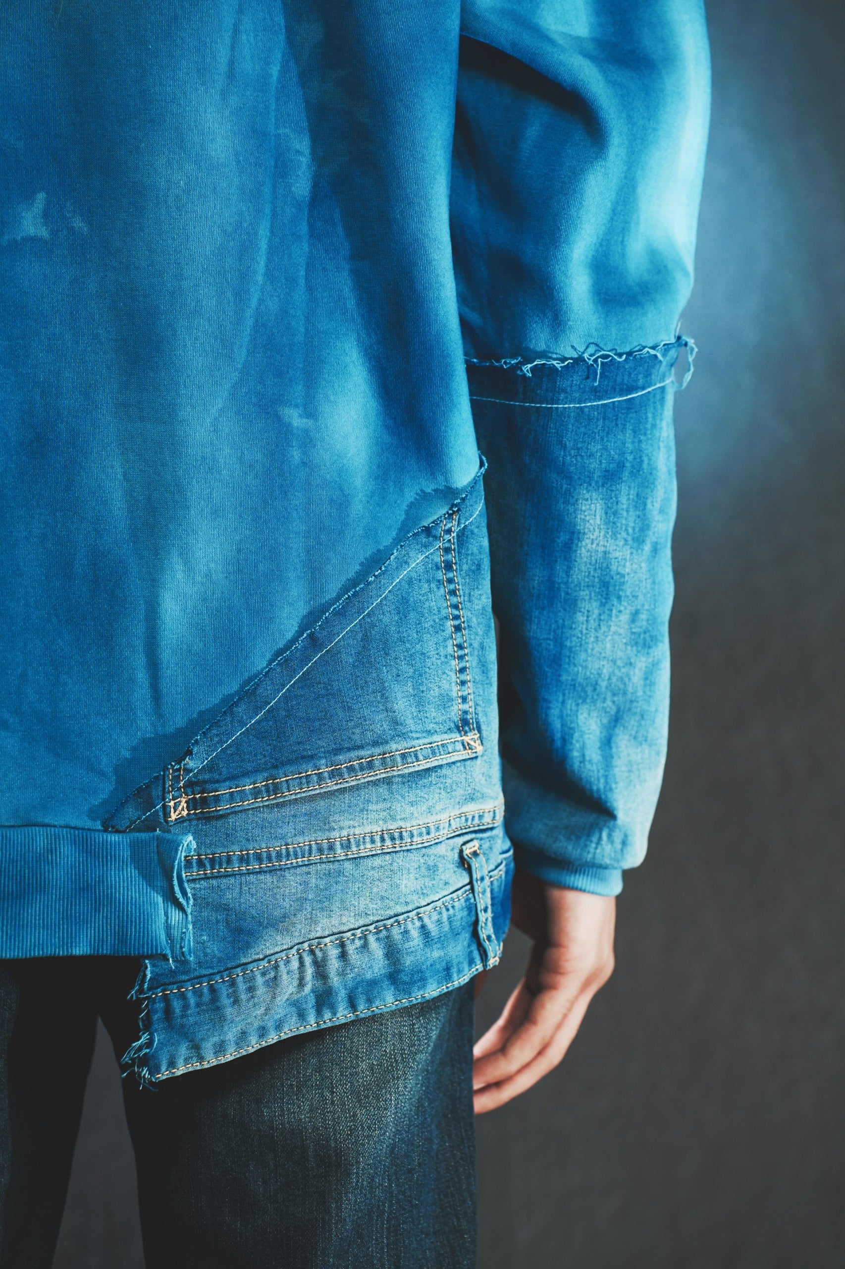 RAW Hand-Dyed Hoodie with Denim Patchwork(UNISEX)