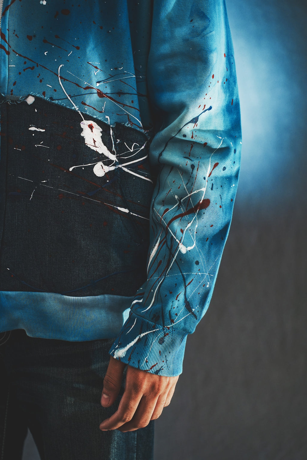 Hand-Dyed Zipper Hoodie with Denim Patchwork (UNISEX)