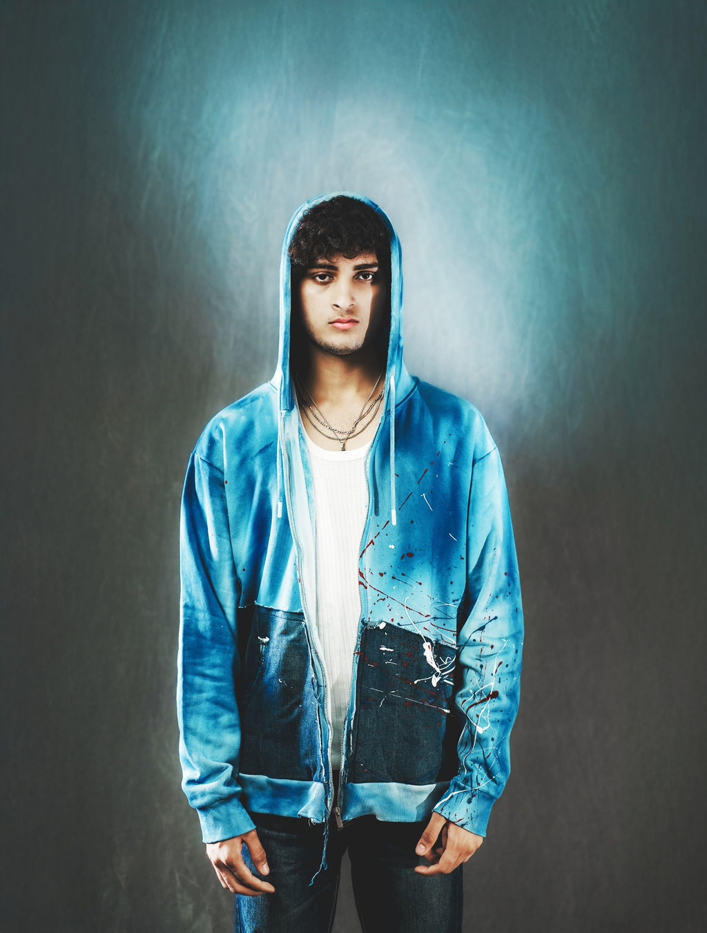 Hand-Dyed Zipper Hoodie with Denim Patchwork (UNISEX)