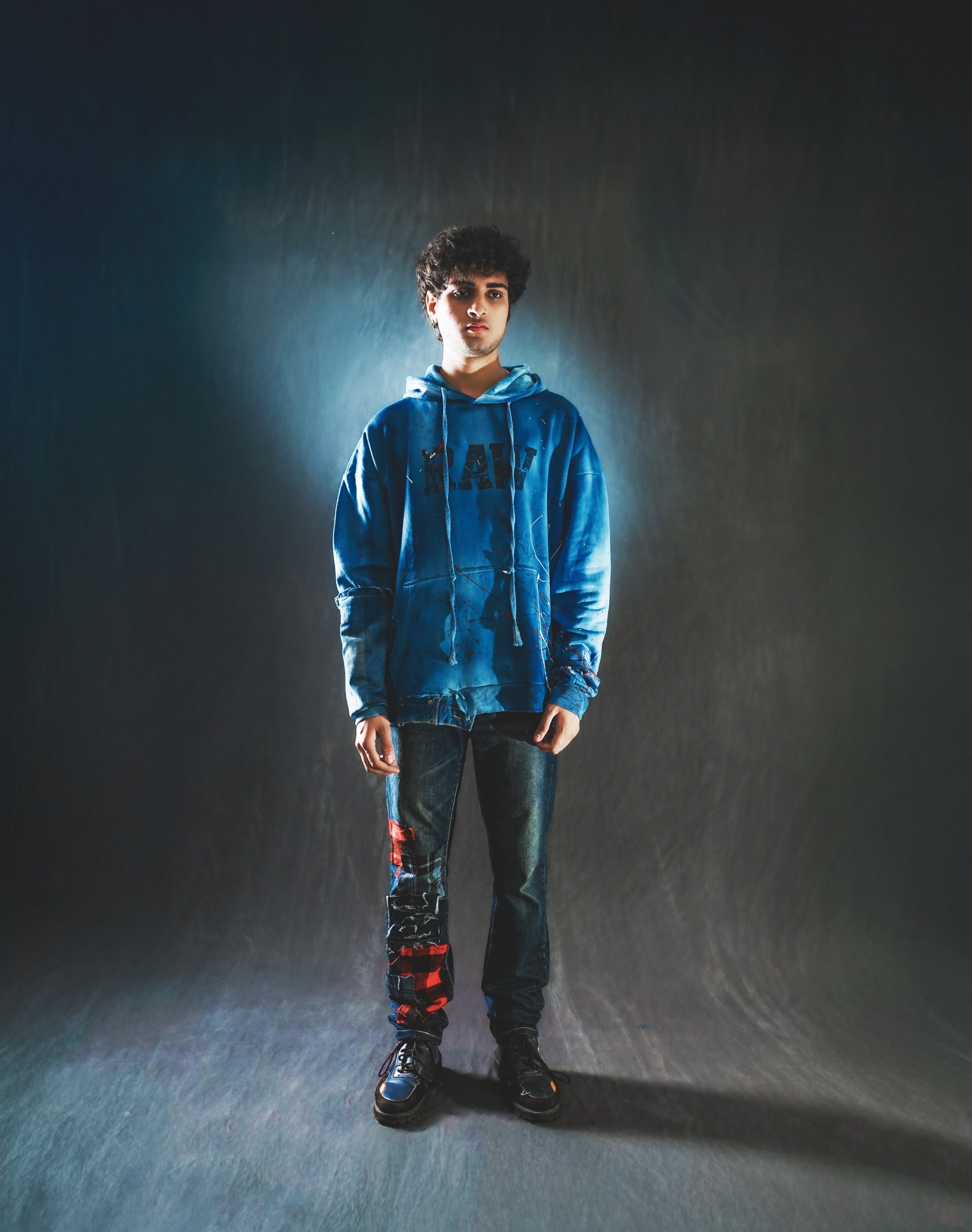 RAW Hand-Dyed Hoodie with Denim Patchwork(UNISEX)