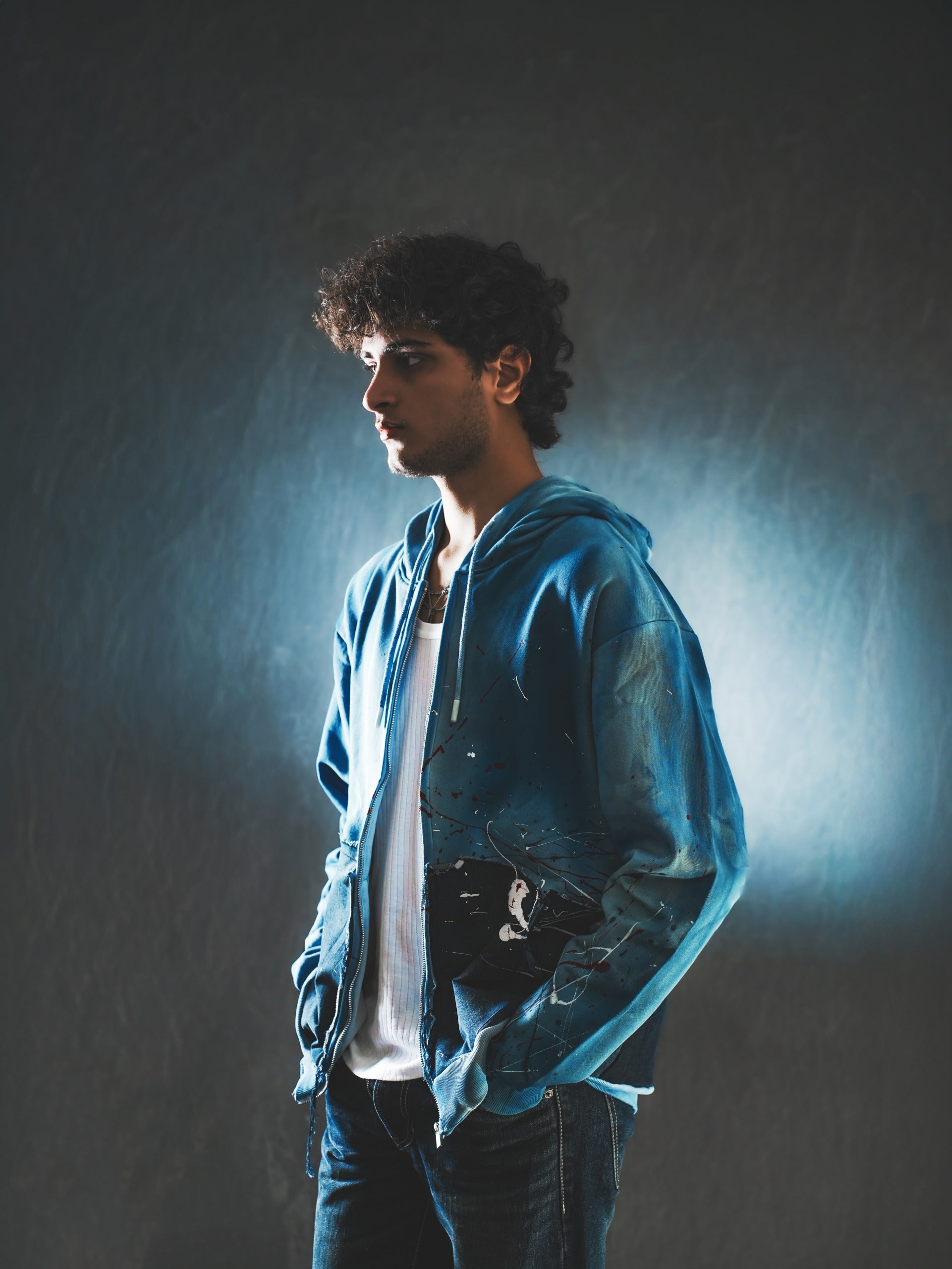 Hand-Dyed Zipper Hoodie with Denim Patchwork (UNISEX)