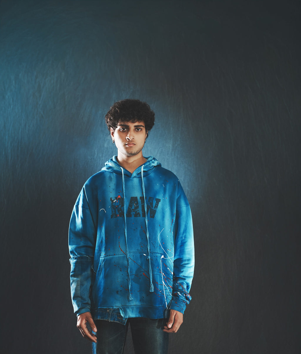 RAW Hand-Dyed Hoodie with Denim Patchwork(UNISEX)