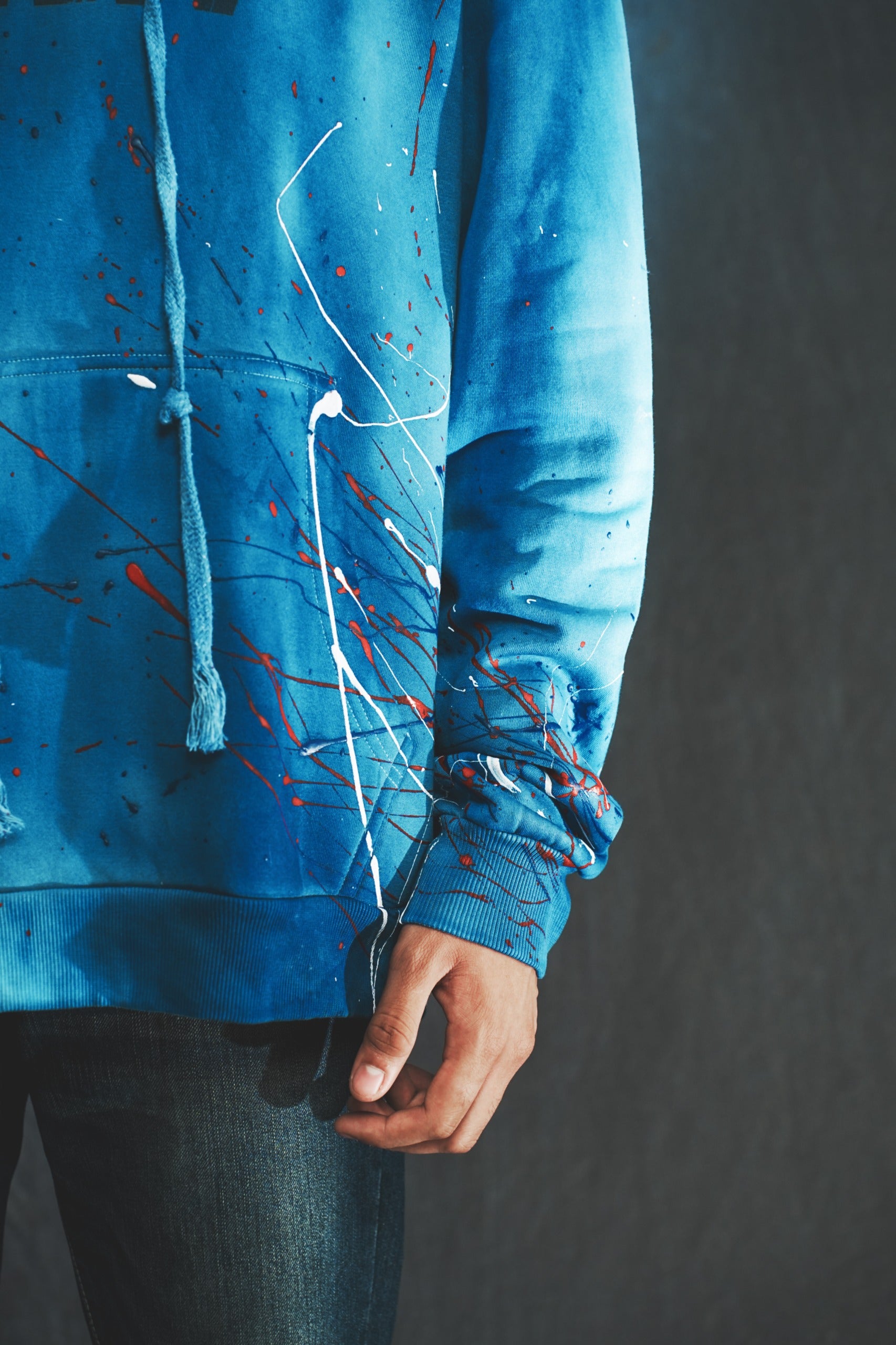 RAW Hand-Dyed Hoodie with Denim Patchwork(UNISEX)