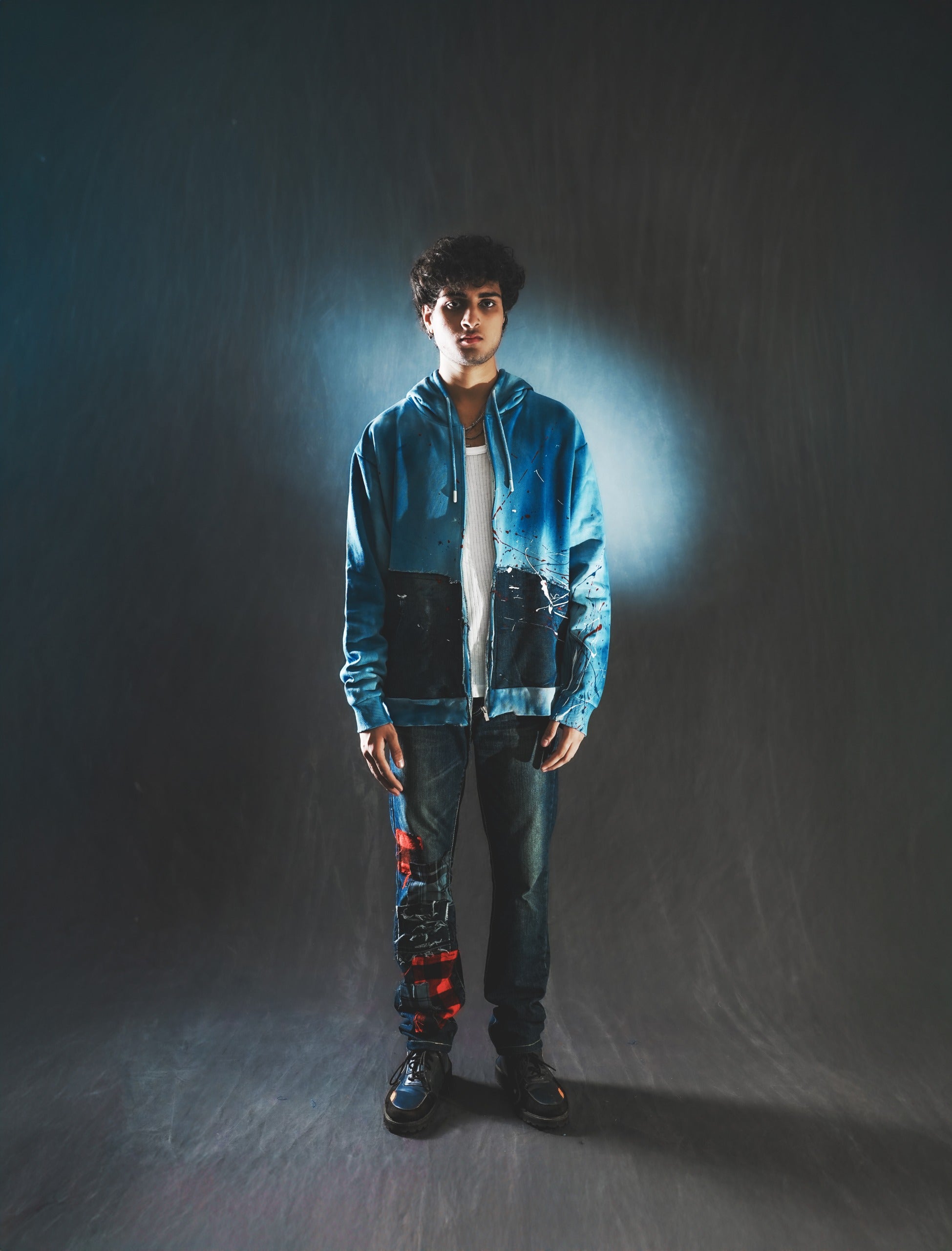 Hand-Dyed Zipper Hoodie with Denim Patchwork (UNISEX)